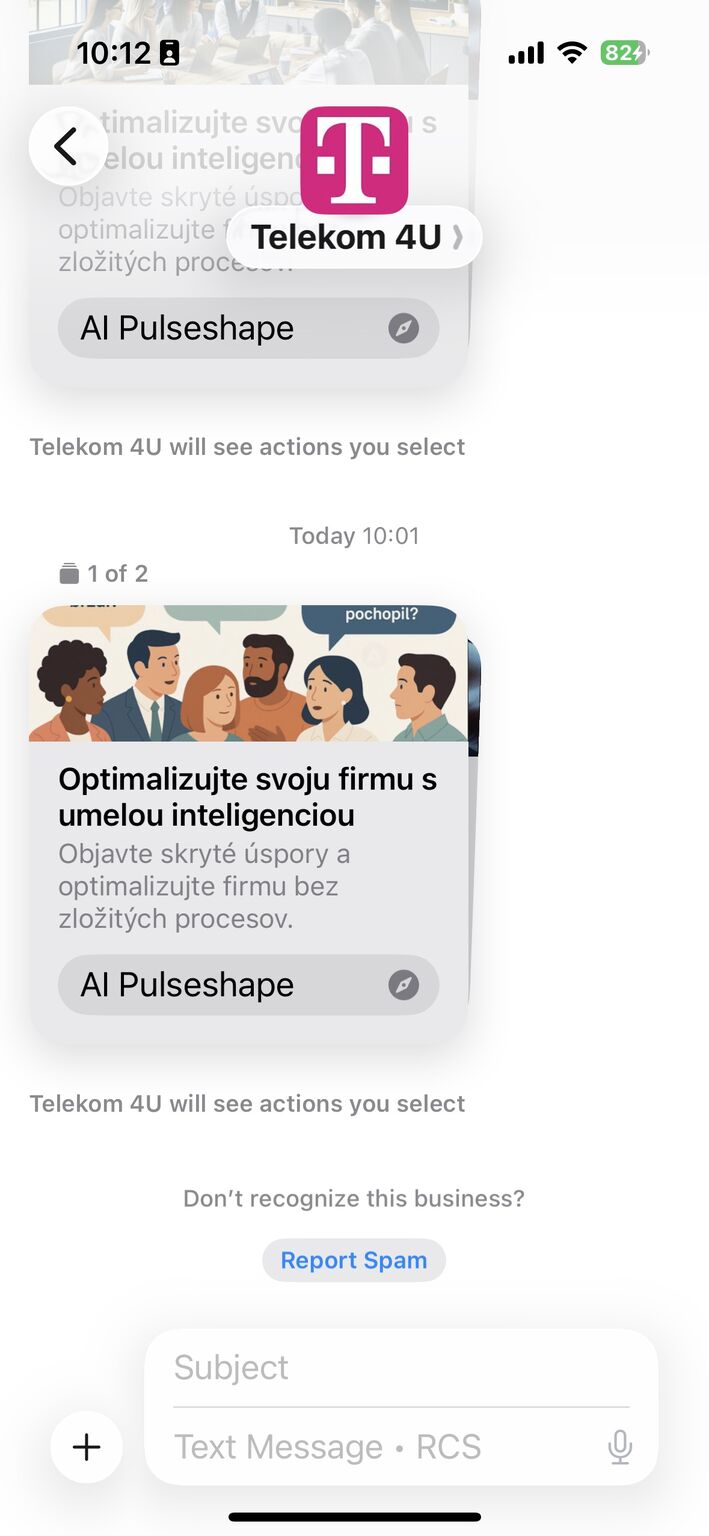 PulseShape AI conversation interface shown in Slovak Telekom RCS messaging